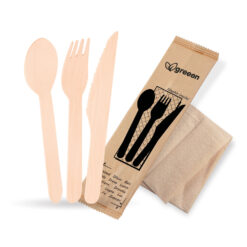 Príborová sada drevená FSC 100% nôž + vidlička + lyžica + obrúsok (50 sád)