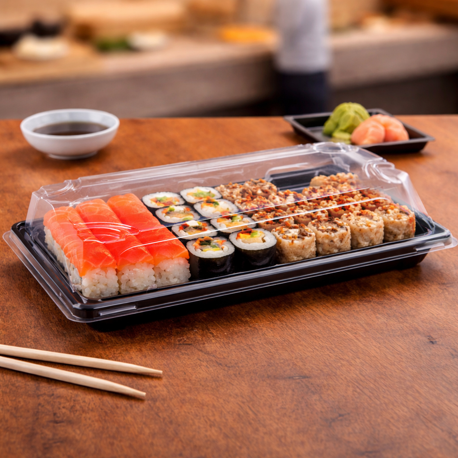 74509 Miska na sushi PP/rPET čierna 240 x 147 x 45 mm s viečkom (50 sád)